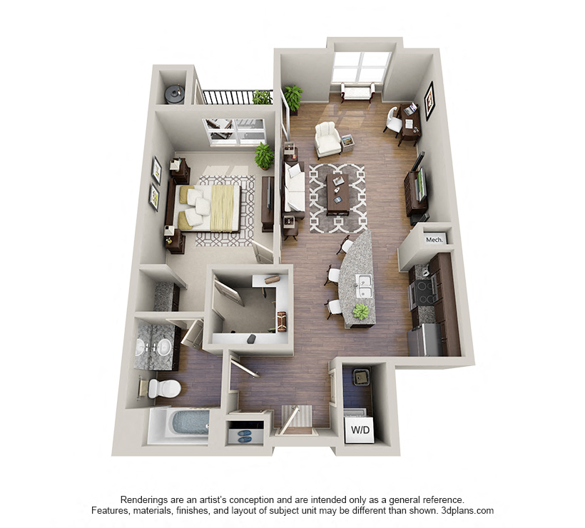 Floor plan for 1 bed, 1 bath, 951 sqft